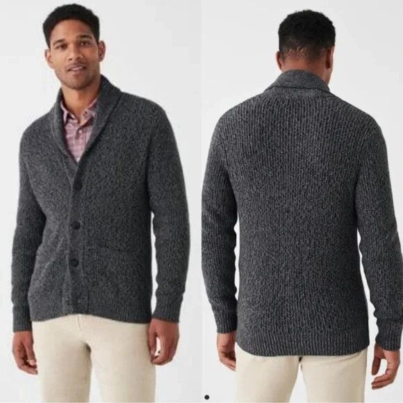 Faherty Marled Knit Cardigan Sweater Shawl Charcoal Gray Cotton Men's Large NEW